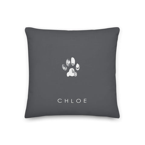 Charcoal grey pillow with personalized cat paw print and cats name printed in white