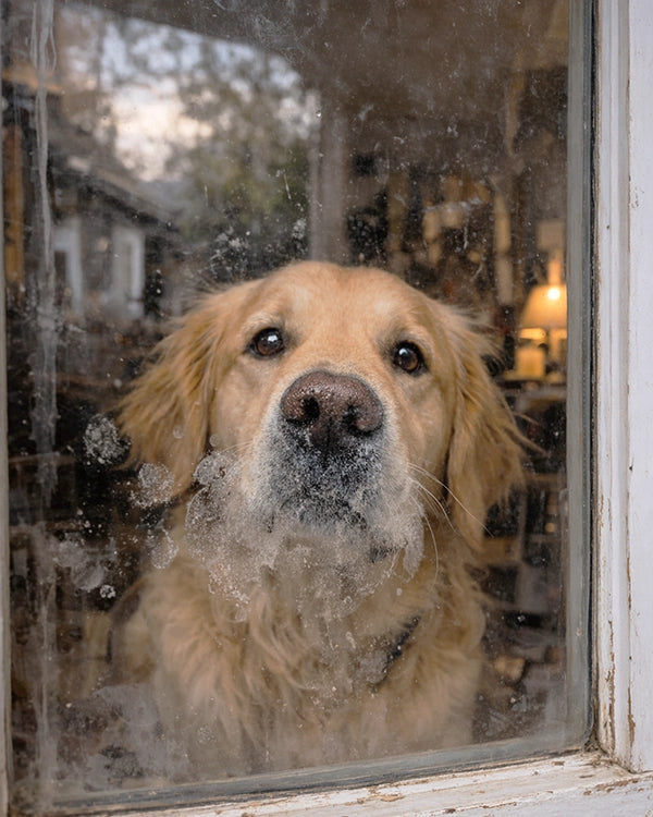Golden retriever with a curious expression peers through a slightly dirty windowpane full of dog nose print smudges. The background shows a cozy indoor setting with warm lighting.