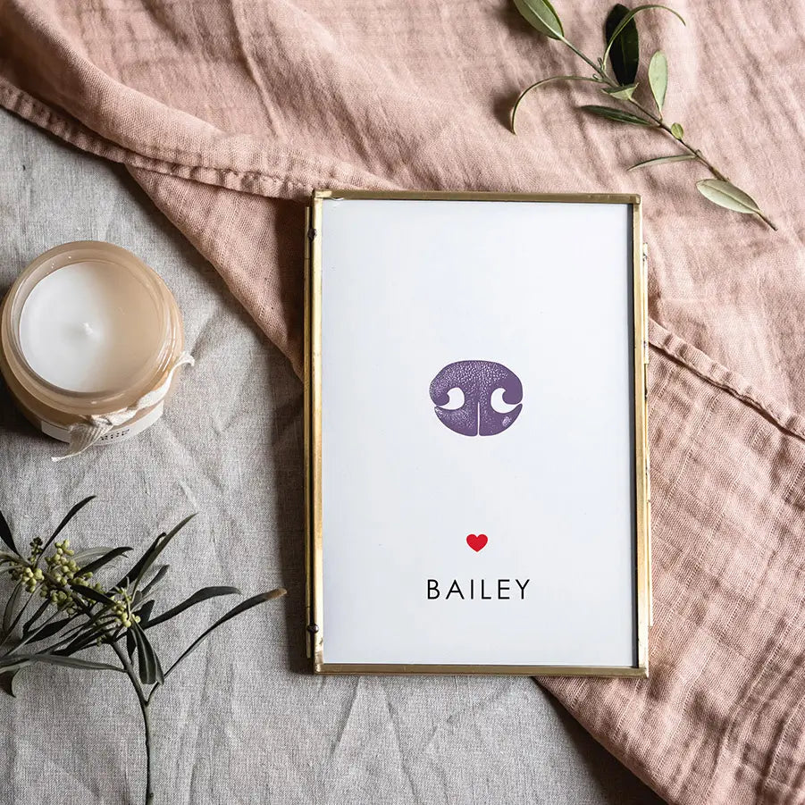 A framed white card on a linen surface features a purple animal nose icon, the name 