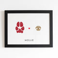 Red paw print and gold nose print in framed art piece personalized with pets name