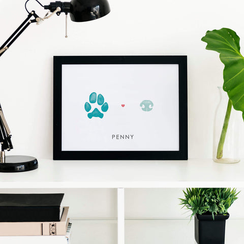 blue pets paw and pets nose print made from photo in black frame styled scene