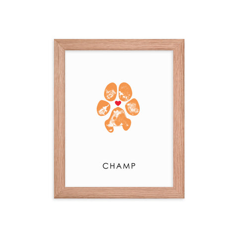 very detailed dog paw print in plain wood frame 