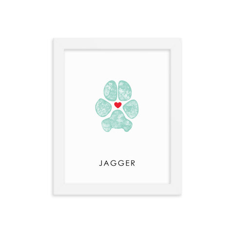 blue dog paw imprint  and heart in the middle personalize with name in white frame