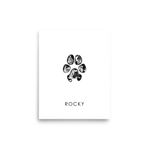 black dog paw print on unframed 8x10 paper with name rocky