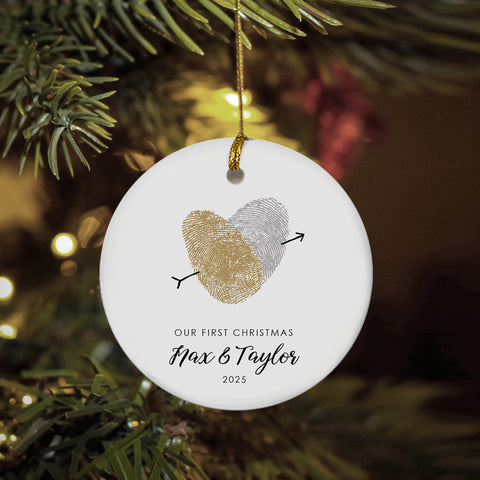 our first christmas married christmas ornament custom fingerprint holiday keepsake hung from christmas tree branch