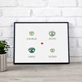 Four dog nose impressions in green displayed in one picture frame