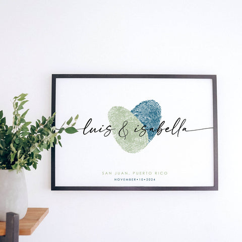 modern script font couples artwork featuring a custom fingerprint heart in green and blue