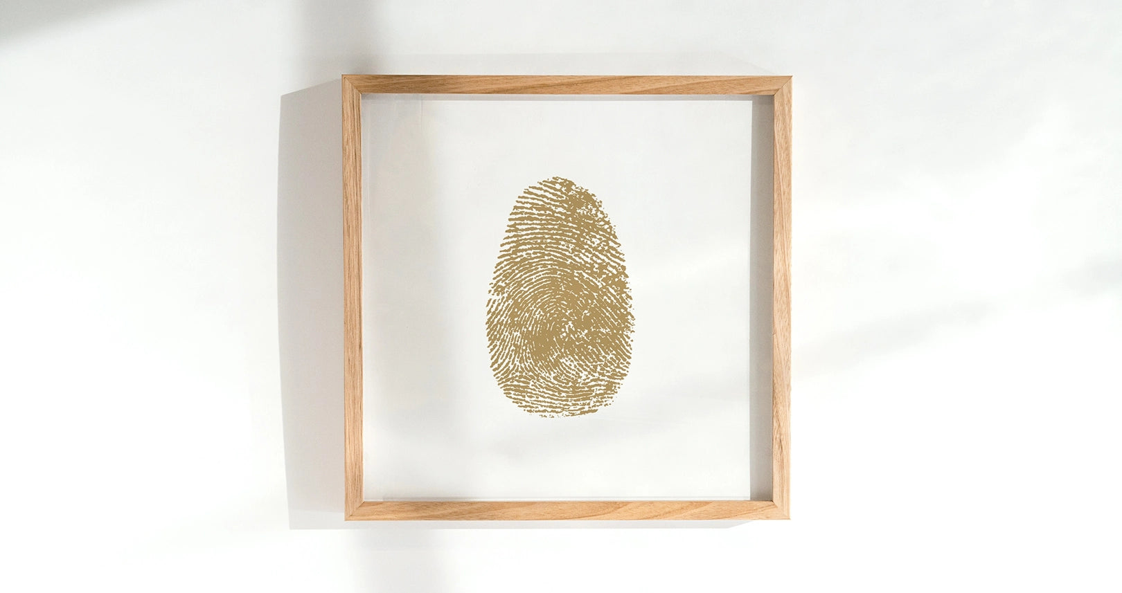 A fluffy dog rests on a beige sofa next to a small white table with a framed paw print, the name 