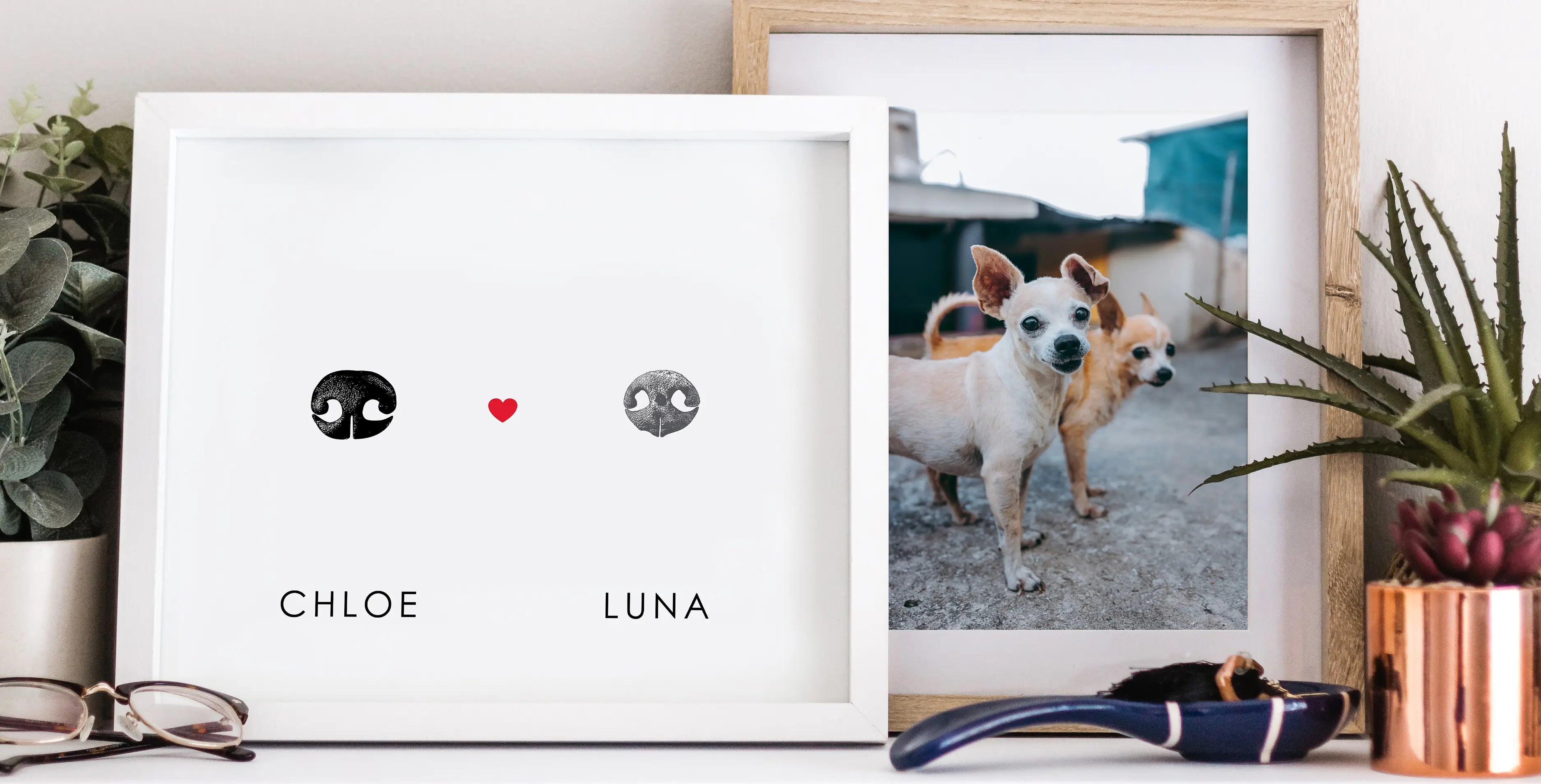 Framed art on a shelf depicting two custom actual dog noses with a red heart and text 