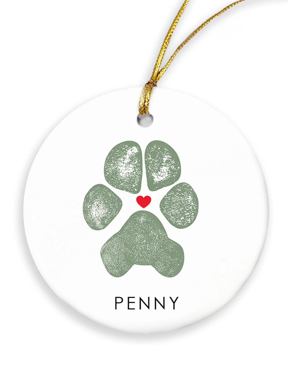 A round pet Christmas ornament with green dog paw print.  The paw print has a red heart in the middle and the name 