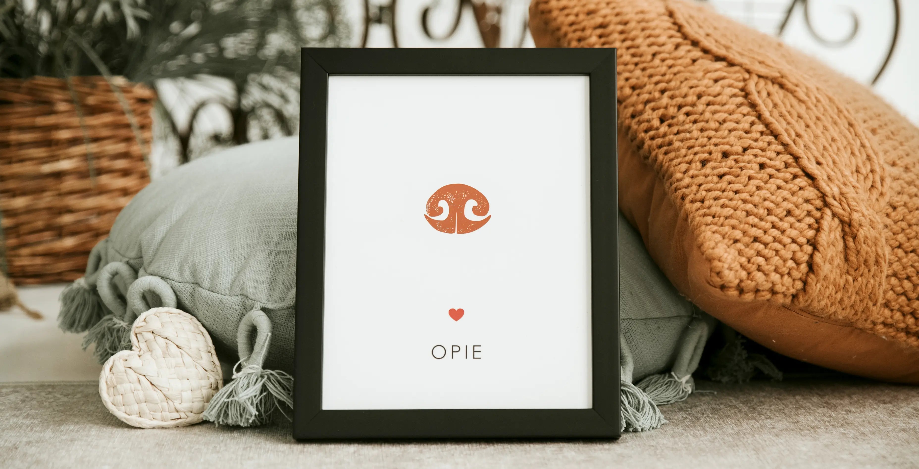 Framed print with a red heart, dog nose print and personalized with pet name 
