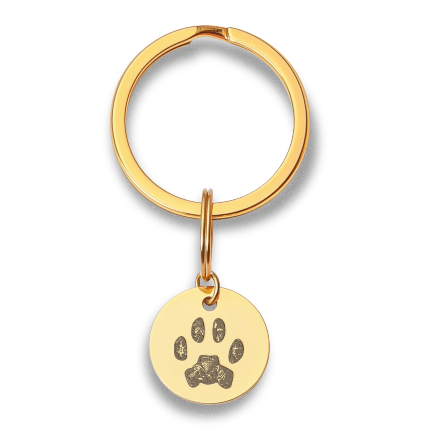 gold coin keychain engraved with custom cat paw print
