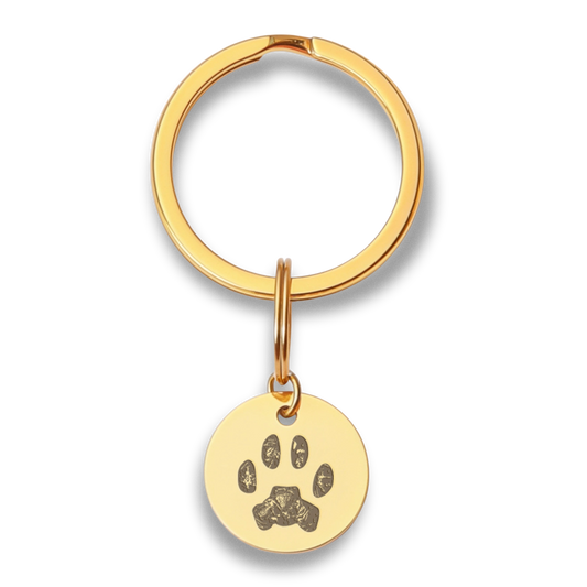 gold coin keychain engraved with custom cat paw print