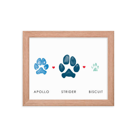 three blue dog paw prints in plain wood frame