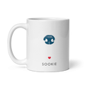front view of white mug with dog nose print and custom dog name