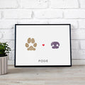 Gold dog paw and purple dog nose impressions keepsake art with custom pet name