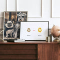 Paw print memorial display for two dogs next to photo of pug and yorkie dogs