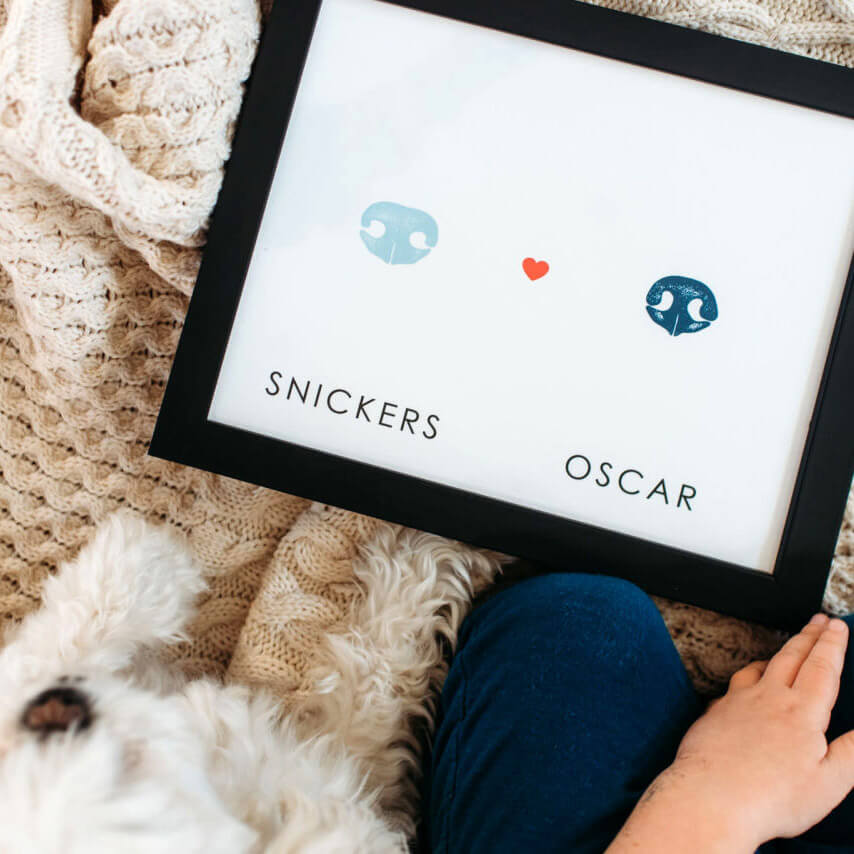 Framed art print with four stylized cat and dog pet nose prints labeled Mocha, Echo, Bear, and Jaxie, centered around a small red heart. A 