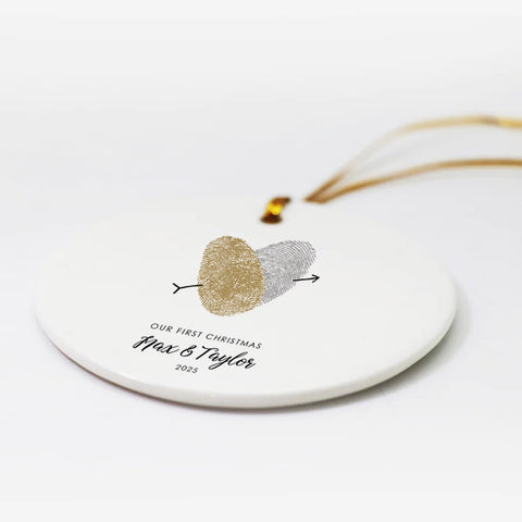 side angle view of custom fingerprint heart couples wedding date ceramic ornament