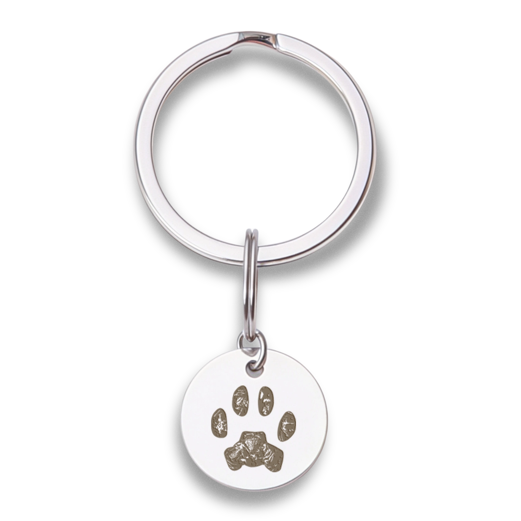 silver coin pendant keychain with cat paw print engraving