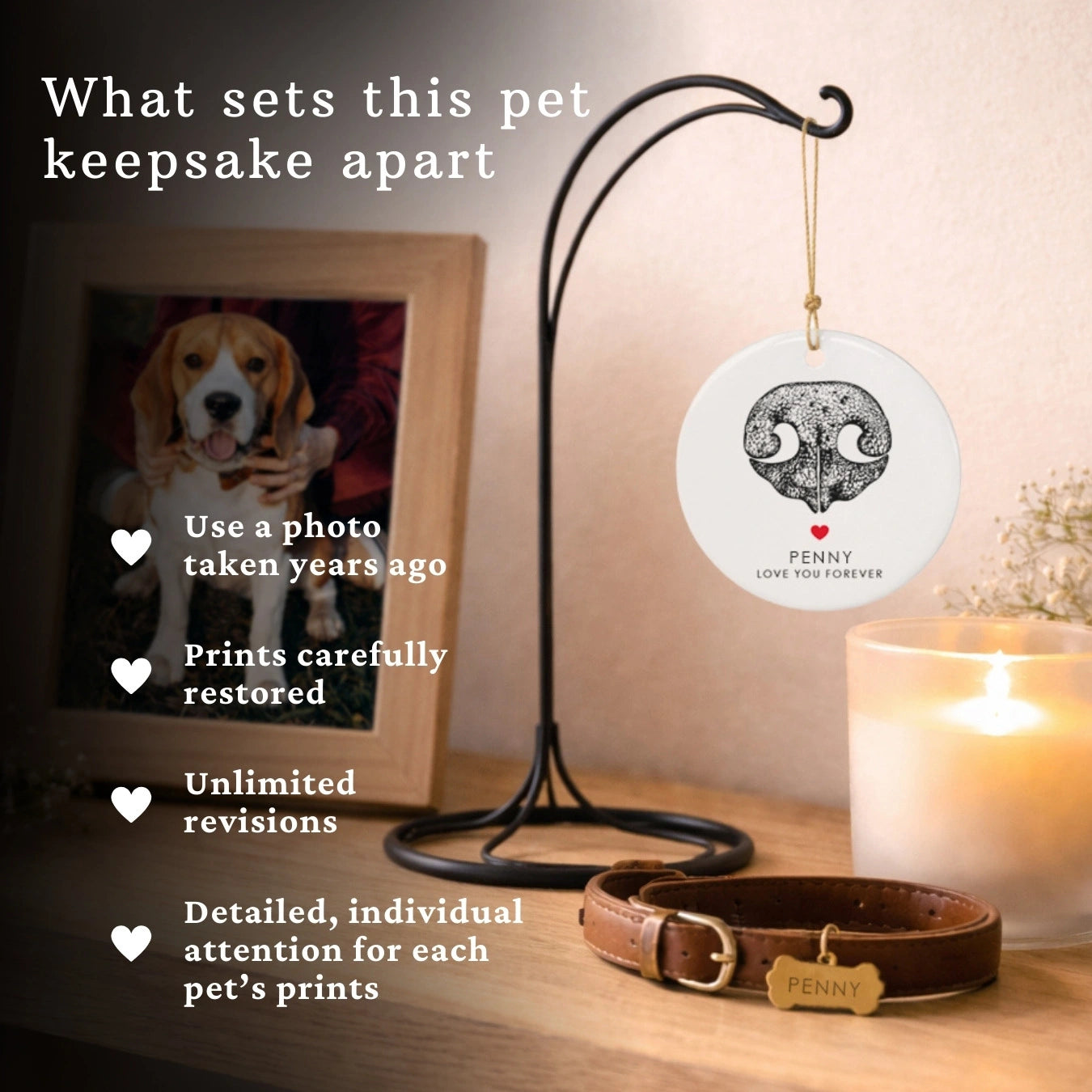 A pet memorial display with a photo of a beagle, a white ornament with dog nose print, a lit candle, and a collar engraved "Penny." Text  highlights keepsake features.