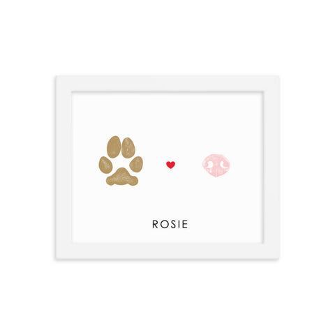 white framed pet keepsake with dog paw print and dog nose print with heart 
