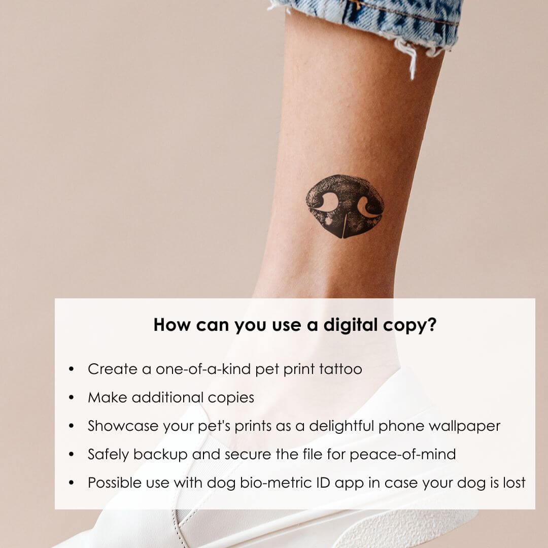 girl's ankle with dog nose print tattoo idea with suggestions on how to use a digital copy of pet's nose print