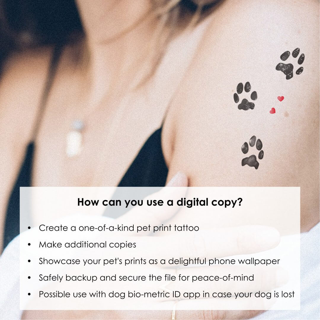 woman's arm with three small cat paws tattoo and hearts and explanation of how to use digital file of pet paw prints