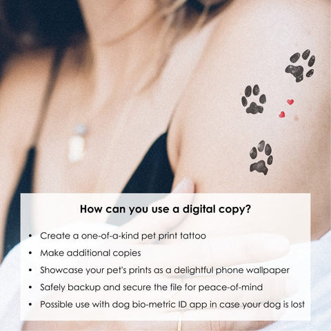 woman's arm with three small cat paws tattoo and hearts and explanation of how to use digital file of pet paw prints