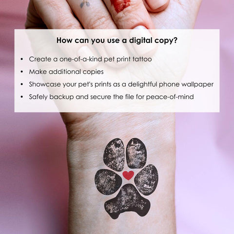 dog print tattoo on woman's wrist with text overlay explaining how to use a digital copy of your pet's paw print