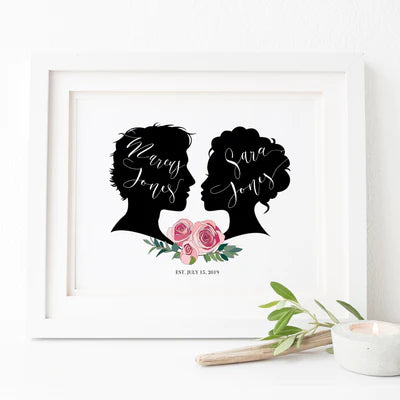 Floral Couple Silhouette Wedding Sign