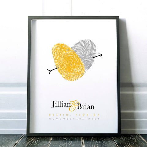 Custom wedding signage guestbook idea made with actual fingerprints in yellow and silver