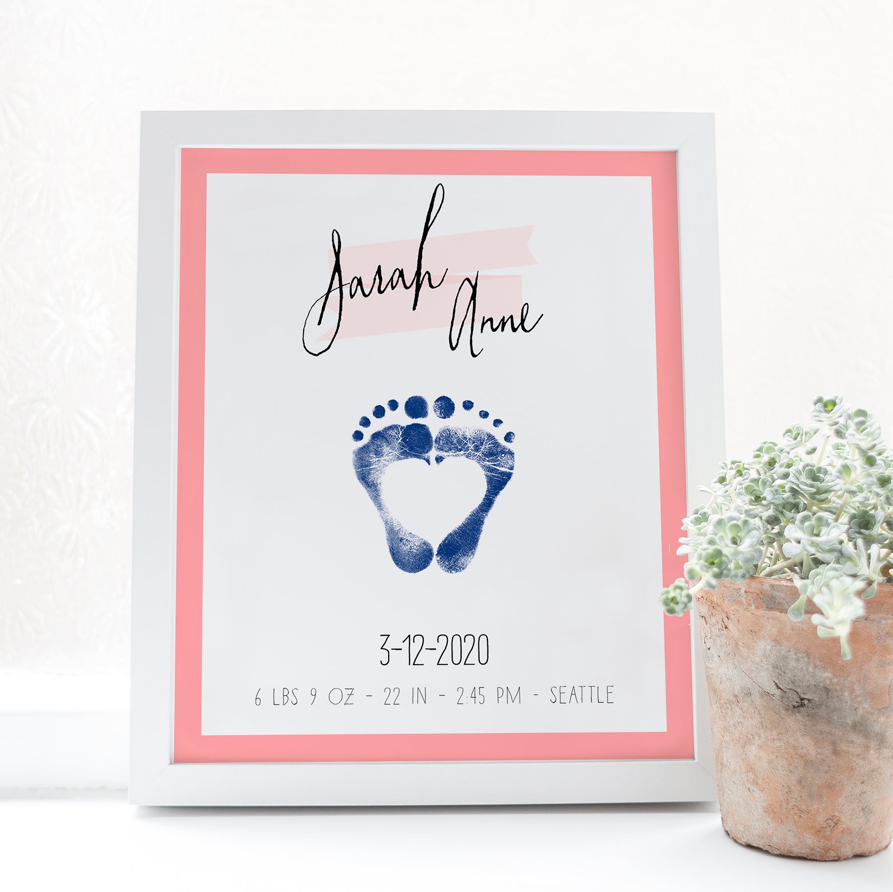 Baby footprint art modern boys nursery room art baby stats poster green