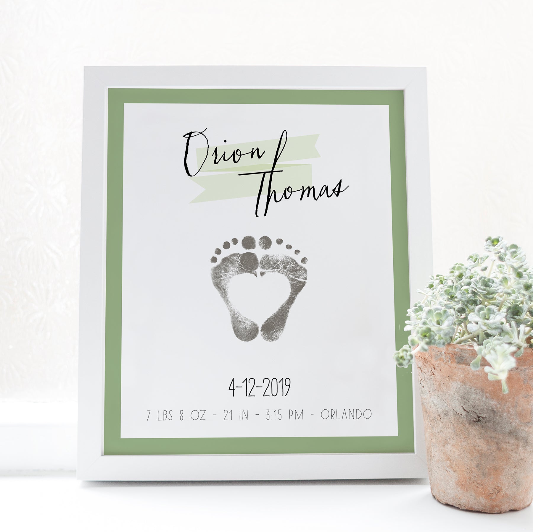 Baby footprint art modern boys nursery room art baby stats poster green