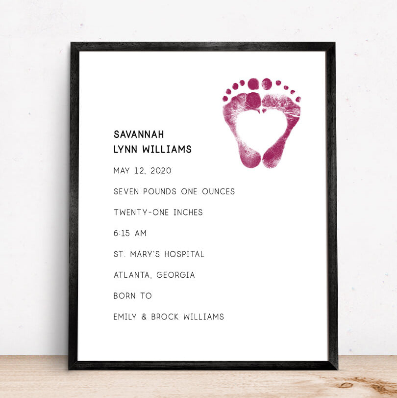 custom birth day stats wall art with baby's hospital footprints