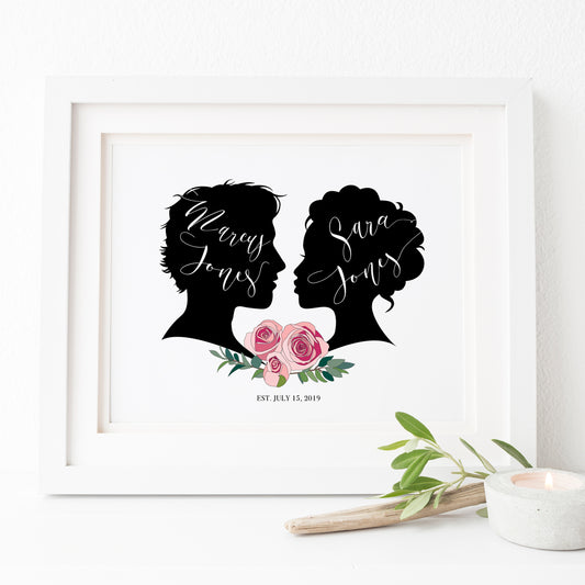 Vintage Classic Black silhouette wedding guest book poster with rose bouquet personalized 
