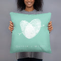 woman holding Pillow made with your fingerprints personalized anniversary wedding gift