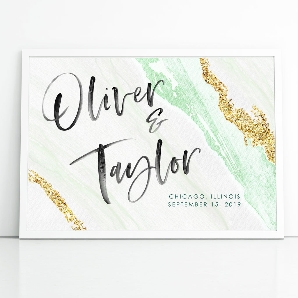 Green and Gold Agate Watercolor Wedding Welcome Sign Personalized