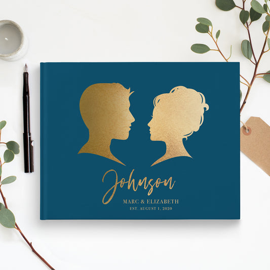 wedding guest book traditional silhouettes navy blue and gold wedding book
