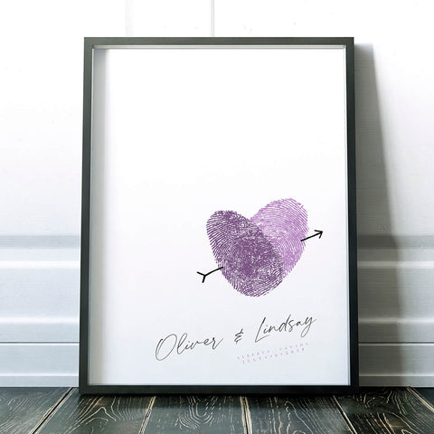 Couples thumbprint heart art wedding keepsake sign with fingerprints in two shades of purple and text customized with names and ceremony date