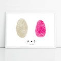 hot pink and tan fingerprints on wedding sign with heart between initials and ceremony date below