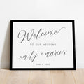 Script black and white wedding welcome sign idea