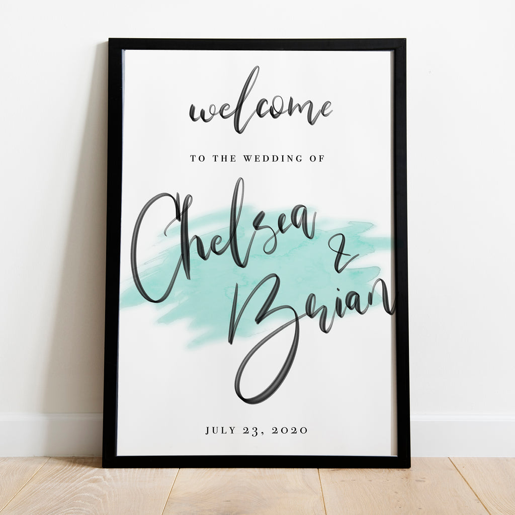 watercolor brush wedding welcome sign blue aqua wedding idea