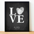Black and white couples fingerprint art keepsake with script font and the word love covering the print