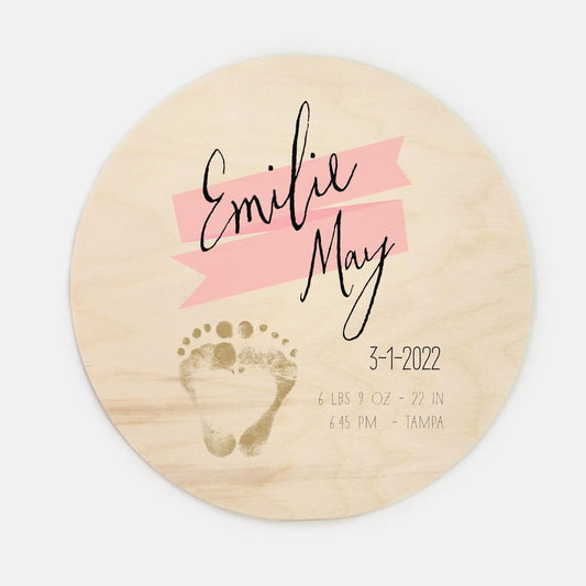 baby footprint and birth stats keepsake printed on round wooden sign