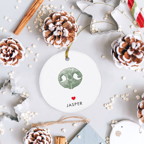 holiday flat lay scene with dog nose print ornament in center