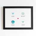 Mix of dog and cat nose prints all colored different shades of blue in one memorial 8x10 framed keepsake art piece