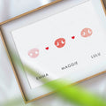 three pink dog Pet loss gift with nose print memorial for three dogs all in shades of pink and personalized with pet names real dog nose print
